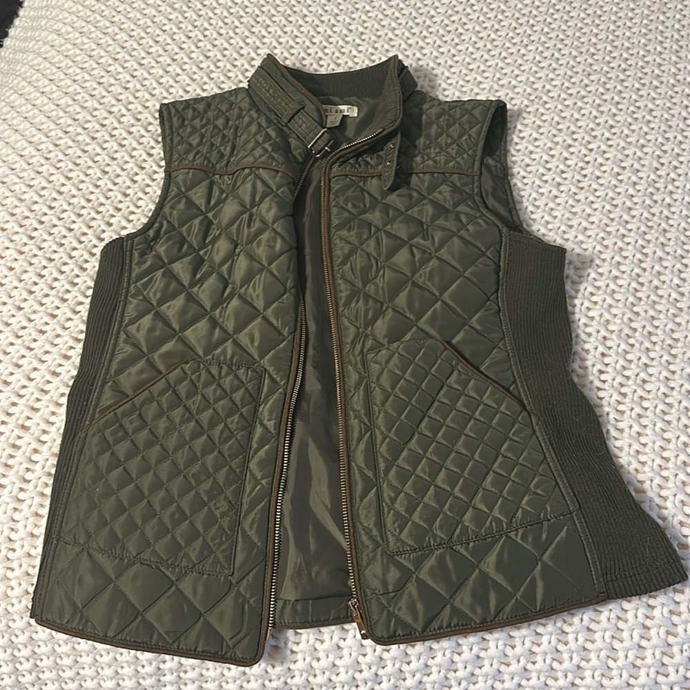 Forest green vest with brown stitching